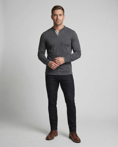 Herren Langarmshirt V-Ausschnitt Mit Knöpfen Weiß - Eveloria