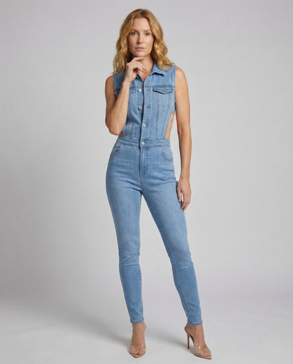 Damen Ärmellose Jeans-Jumpsuit Tailliert Schwarz - Eveloria