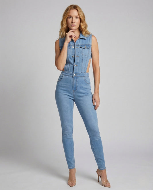 Damen Ärmellose Jeans-Jumpsuit Tailliert Schwarz - Eveloria