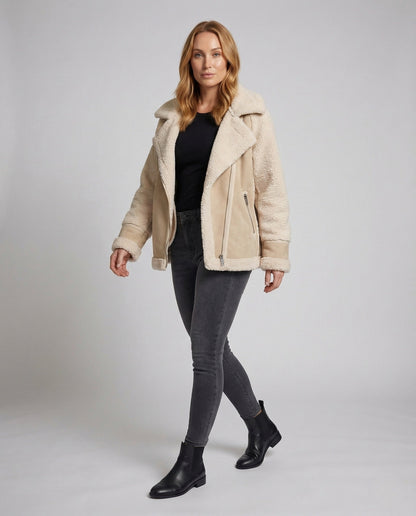 Damen Aviatorjacke Kurz Teddyfutter Kunstleder - Eveloria