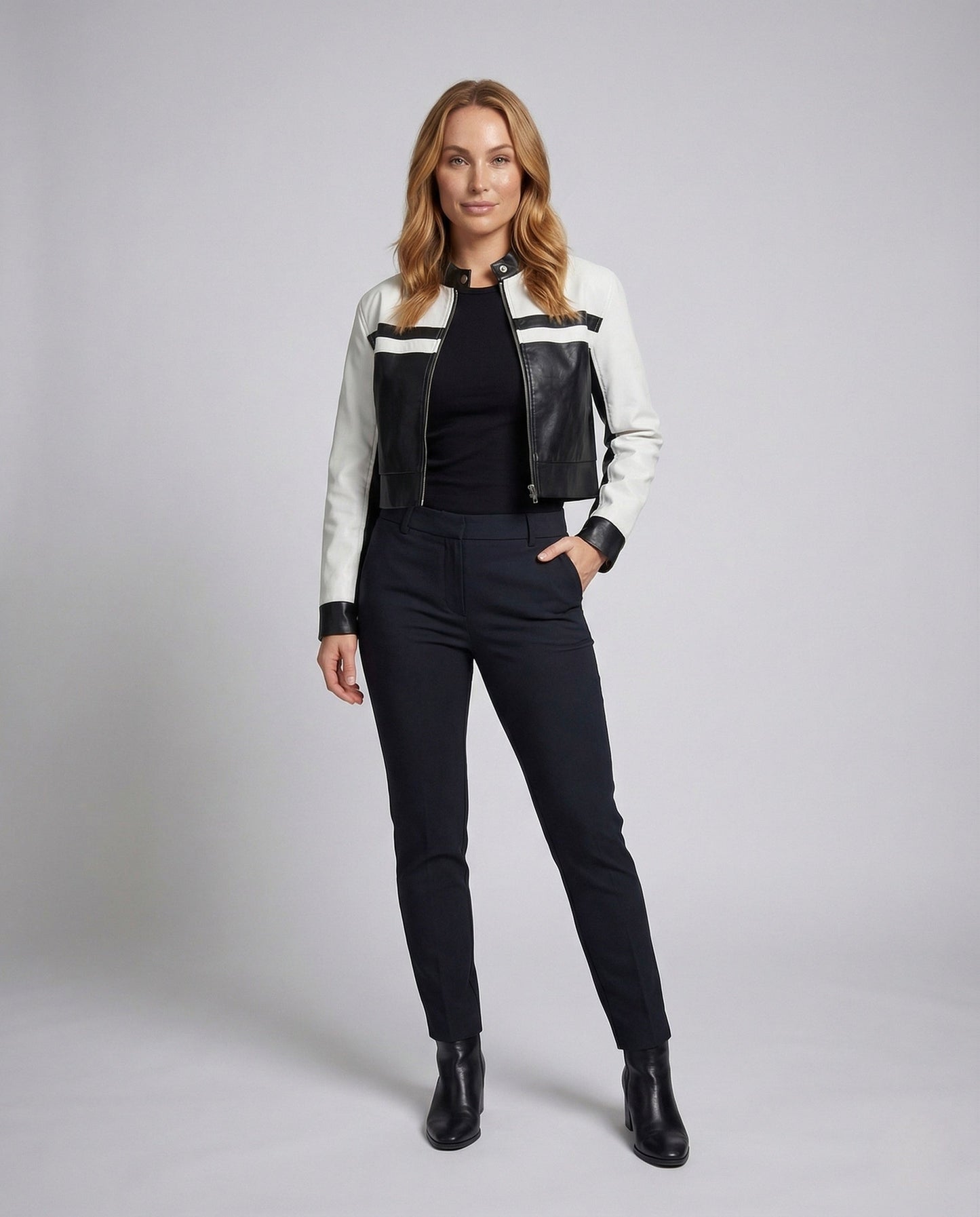 Damen Bikerjacke Kurz Kunstleder Schwarz Reißverschluss - Eveloria