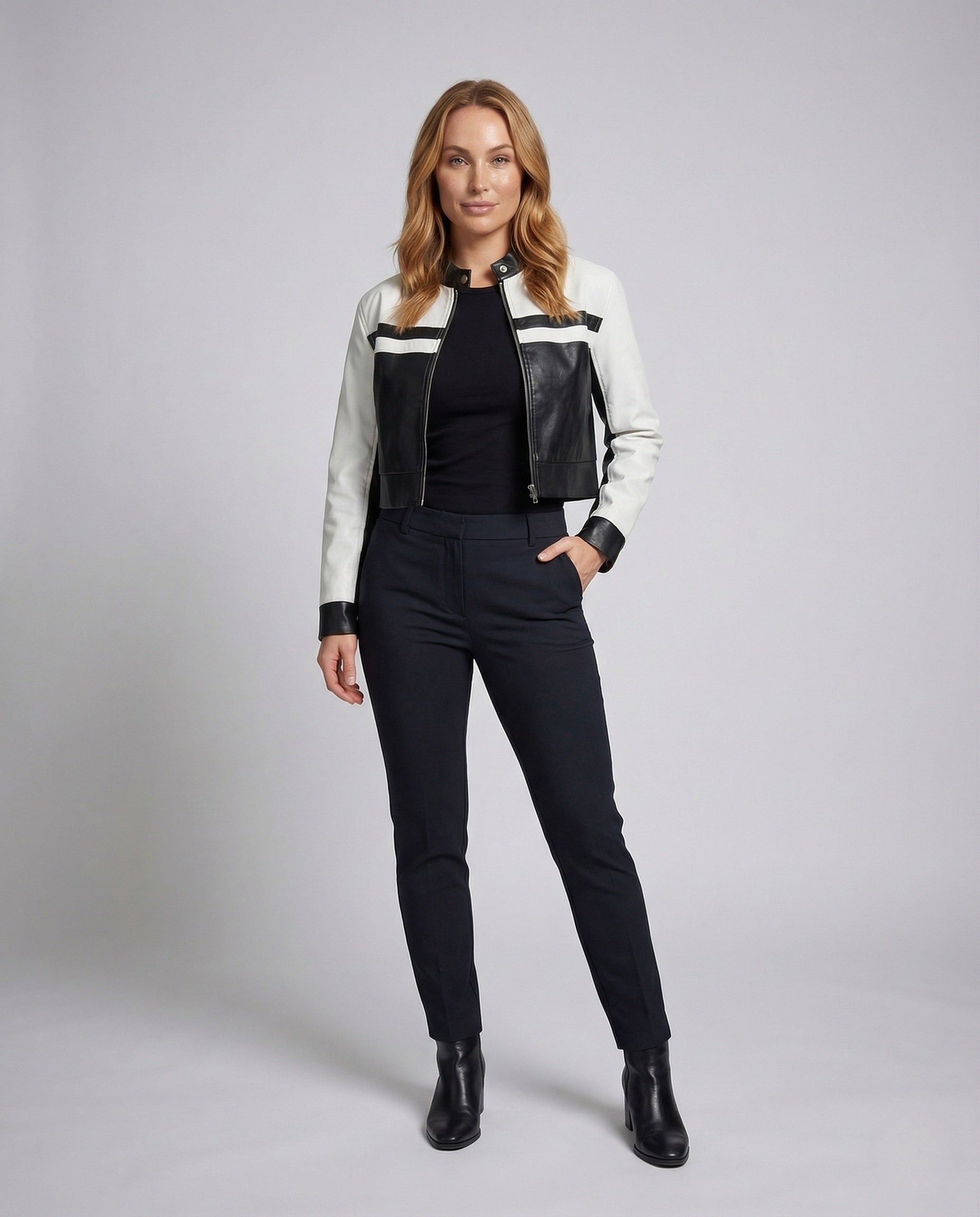 Damen Bikerjacke Kurz Kunstleder Schwarz Reißverschluss - Eveloria