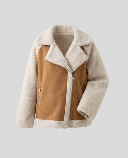 Damen Aviatorjacke Kurz Teddyfutter Kunstleder