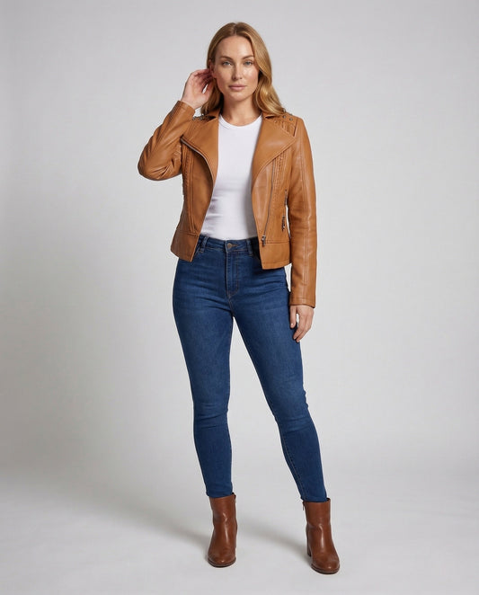 Damen Lederjacke Imitat Nieten Schwarz - Eveloria