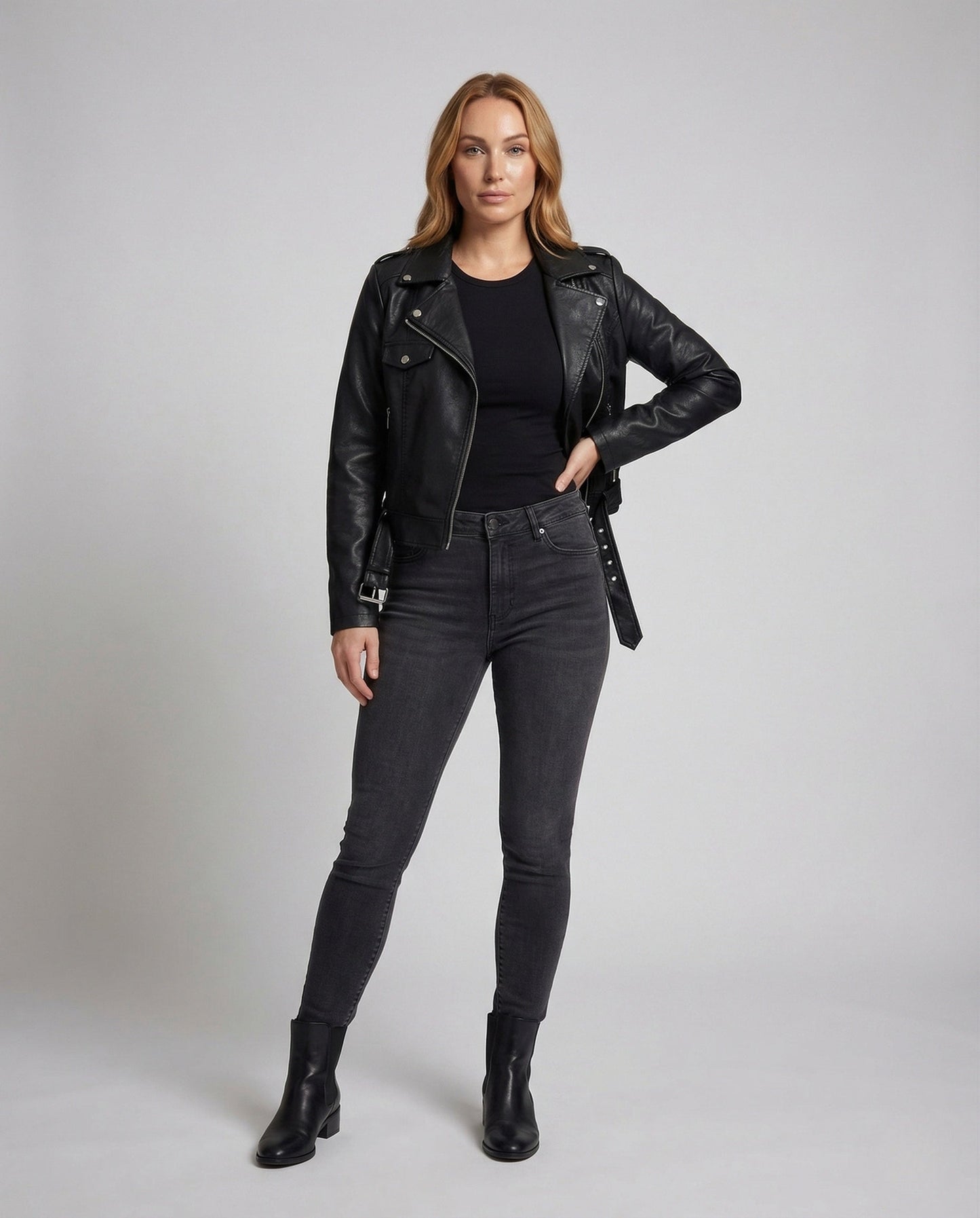 Damen Bikerjacke Kunstleder Schnallenbund Schwarz - Eveloria