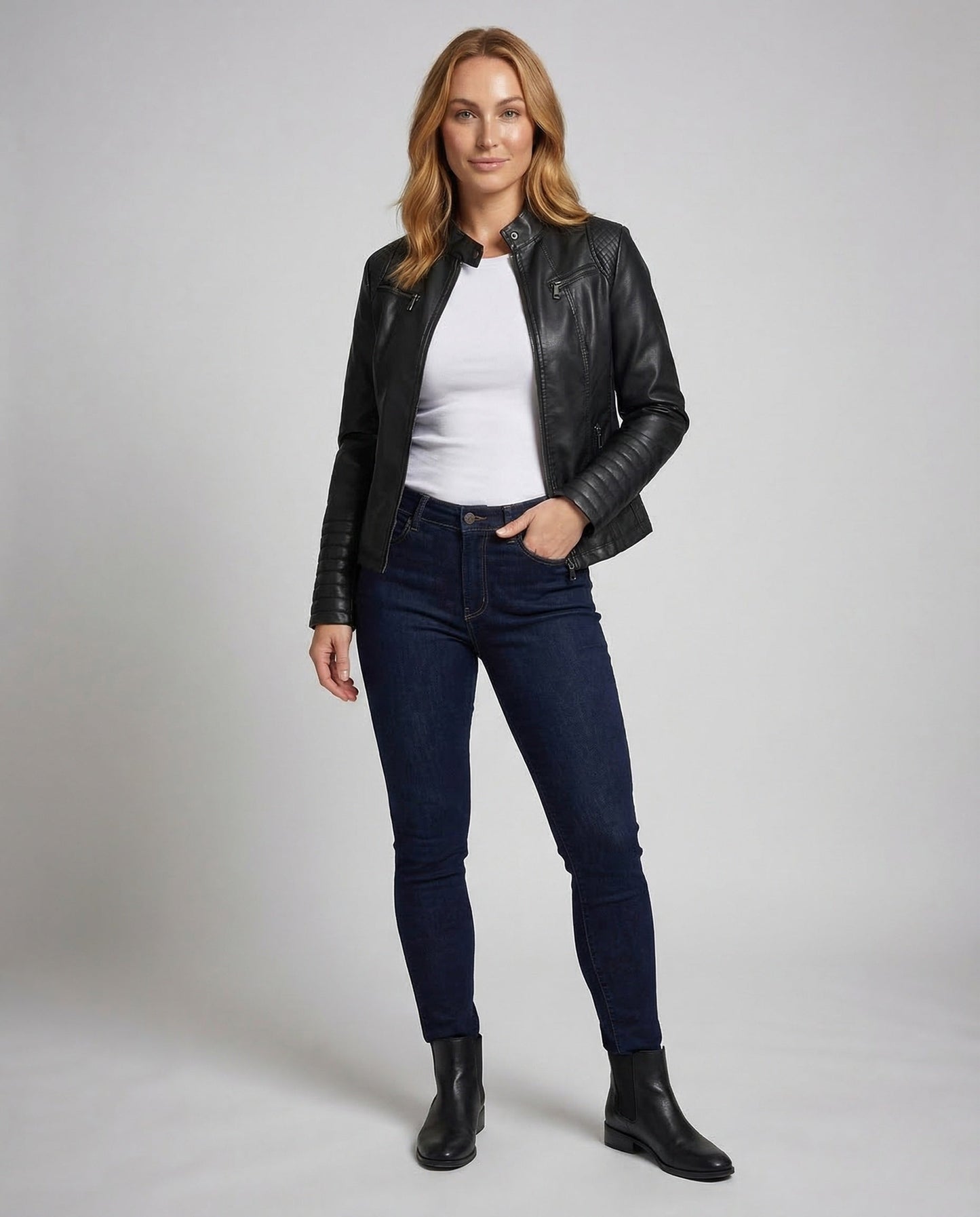 Damen Bikerjacke Kunstleder Steppärmel Schwarz - Eveloria