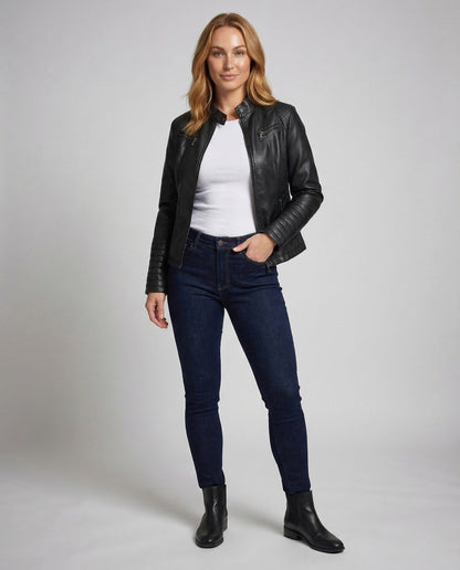 Damen Bikerjacke Kunstleder Steppärmel Schwarz - Eveloria