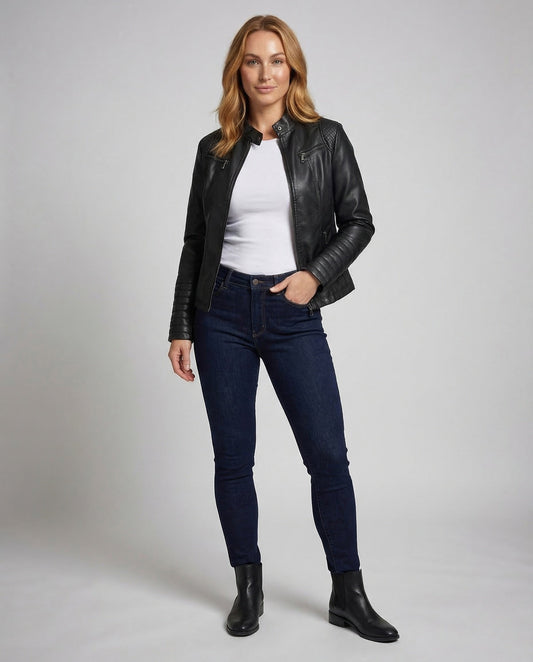 Damen Bikerjacke Kunstleder Steppärmel Schwarz - Eveloria