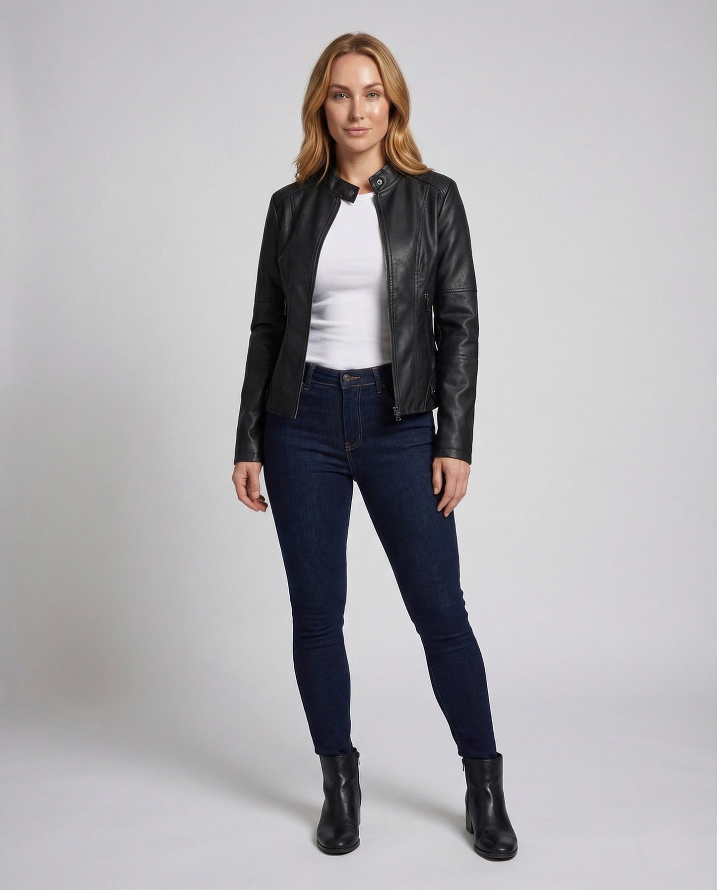 Damen Bikerjacke Kunstleder Stehkragen Schwarz - Eveloria