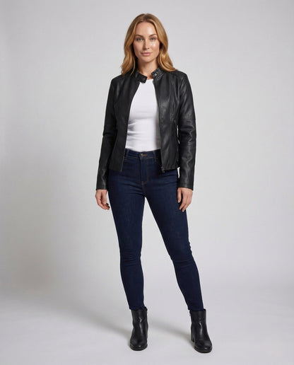 Damen Bikerjacke Kunstleder Stehkragen Schwarz - Eveloria