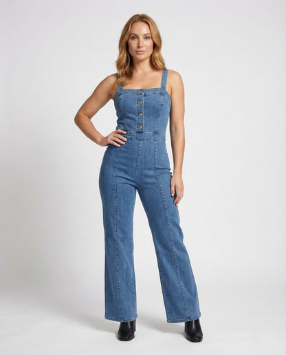 Damen Denim-Jumpsuit mit Korsett und Druckknöpfen - Eveloria