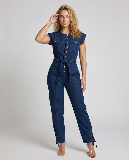 Damen Jeans-Overall mit Gürtel und Brusttaschen - Eveloria
