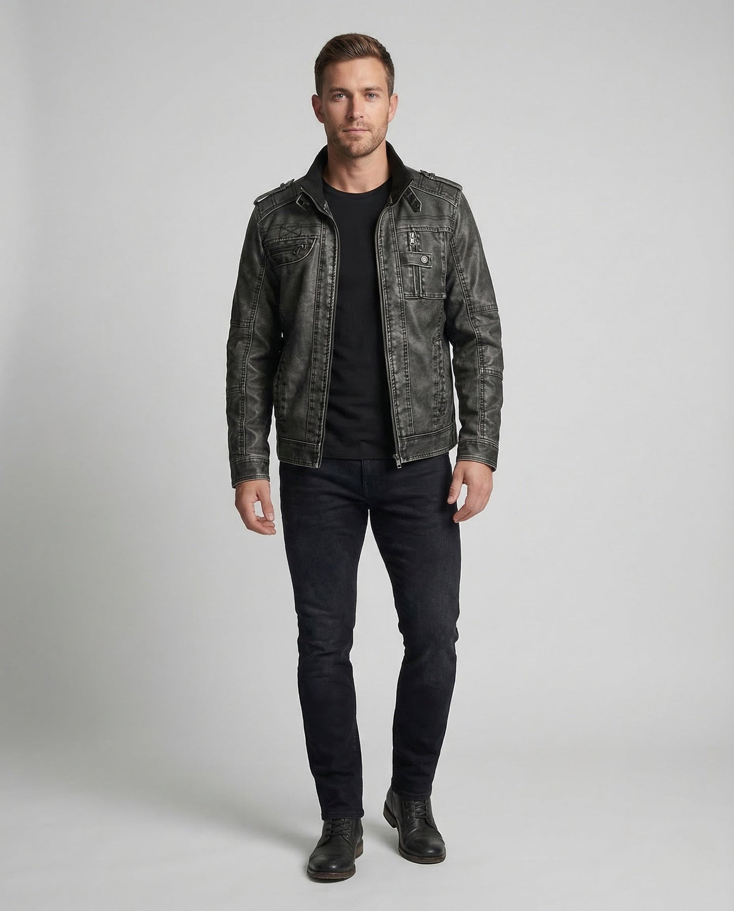 Herren Bikerjacke Kunstleder Stehkragen Schwarz - Eveloria
