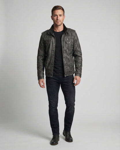 Herren Bikerjacke Kunstleder Stehkragen Schwarz - Eveloria