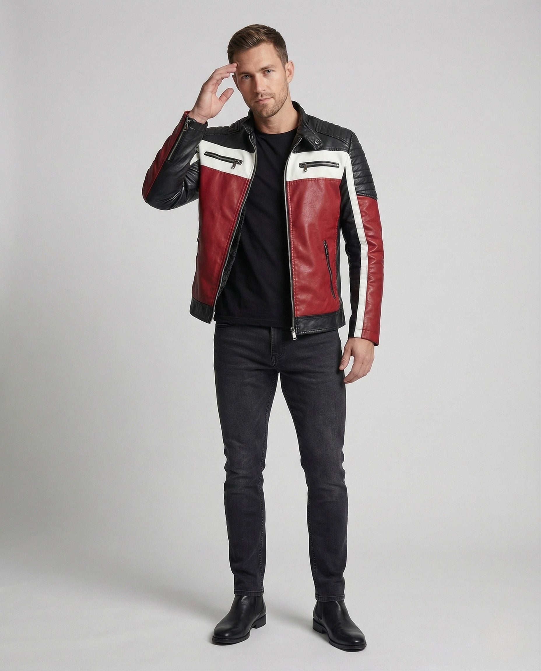 Herren Bikerjacke Kunstleder Teddyfutter Schwarz - Eveloria