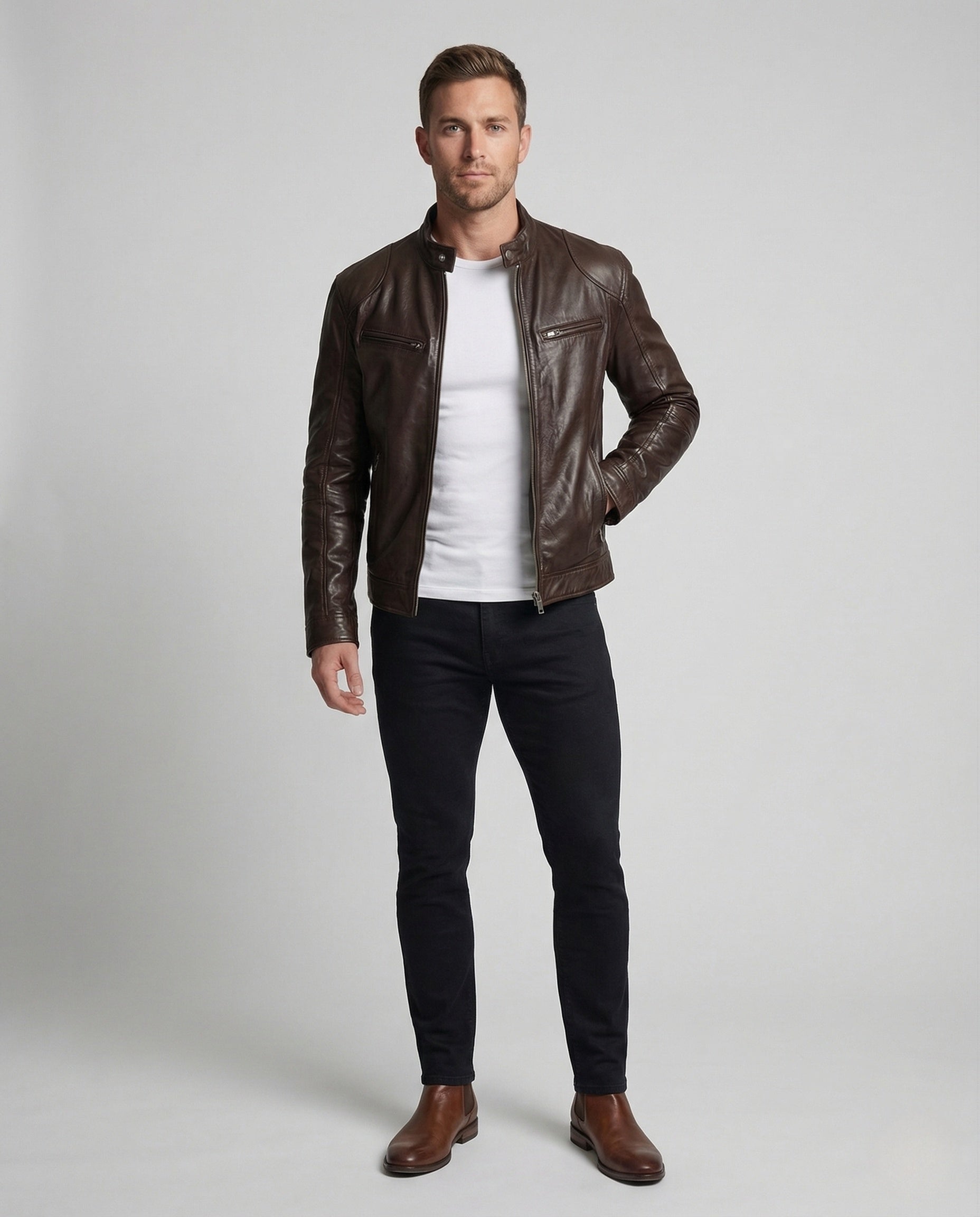 Herren Lederjacke Bikerstil Stehkragen Lederschutzjacke Schwarz - Eveloria