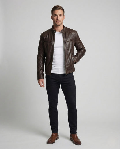 Herren Lederjacke Bikerstil Stehkragen Lederschutzjacke Schwarz - Eveloria