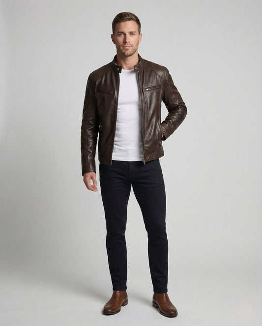 Herren Lederjacke Bikerstil Stehkragen Lederschutzjacke Schwarz - Eveloria