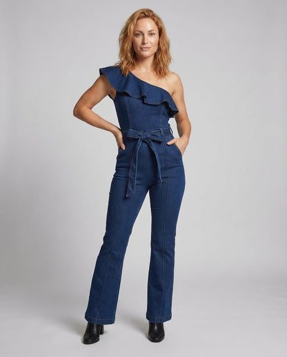 Damen Jumpsuit Jeans Rüschenausschnitt Schwarz - Eveloria