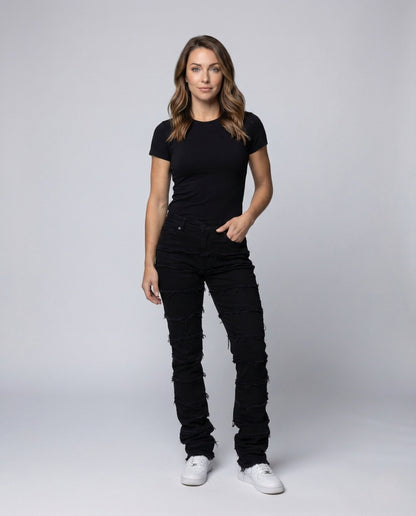 Damen High-Waist-Jeans mit Fransen und Schlag - Eveloria