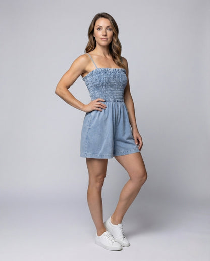 Damen Jeans-Overall Kurz mit Smokoberteil - Eveloria