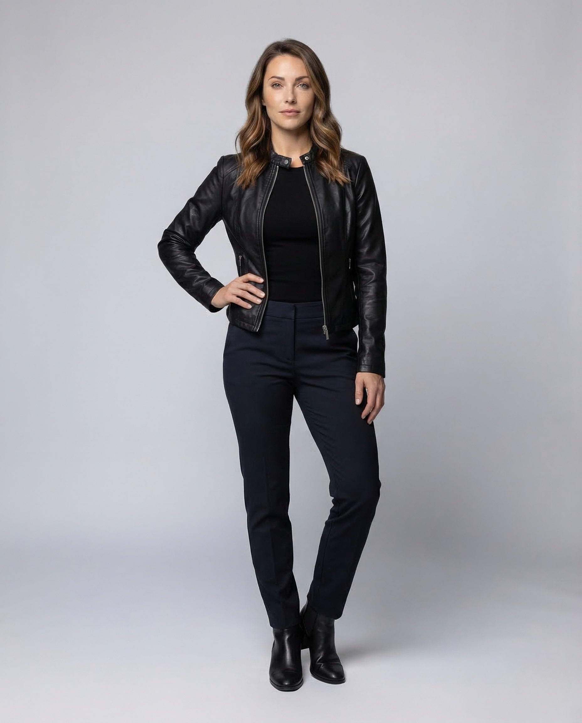 Damen Kunstlederjacke Kurz Minimalistisch Schwarz - Eveloria