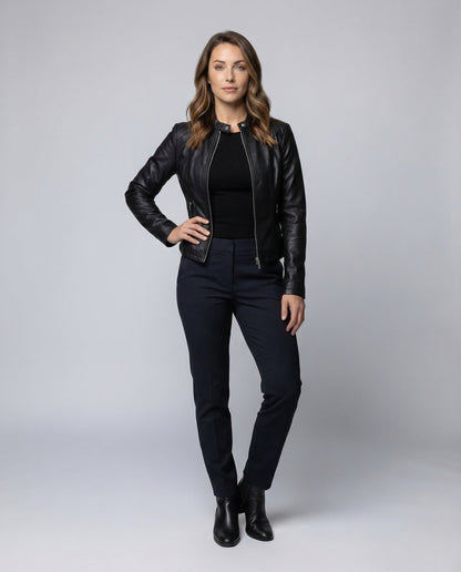 Damen Kunstlederjacke Kurz Minimalistisch Schwarz - Eveloria