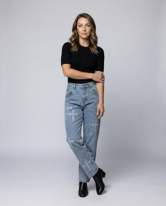 Damen High Waist Jeans mit Vintage Applikation - Eveloria