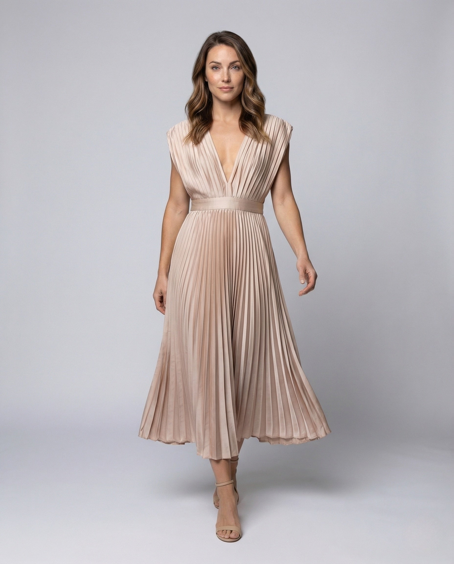 Damen Midikleid mit Plissee und V-Ausschnitt - Eveloria