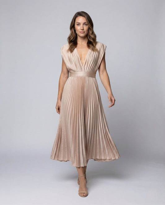 Damen Midikleid mit Plissee und V-Ausschnitt - Eveloria