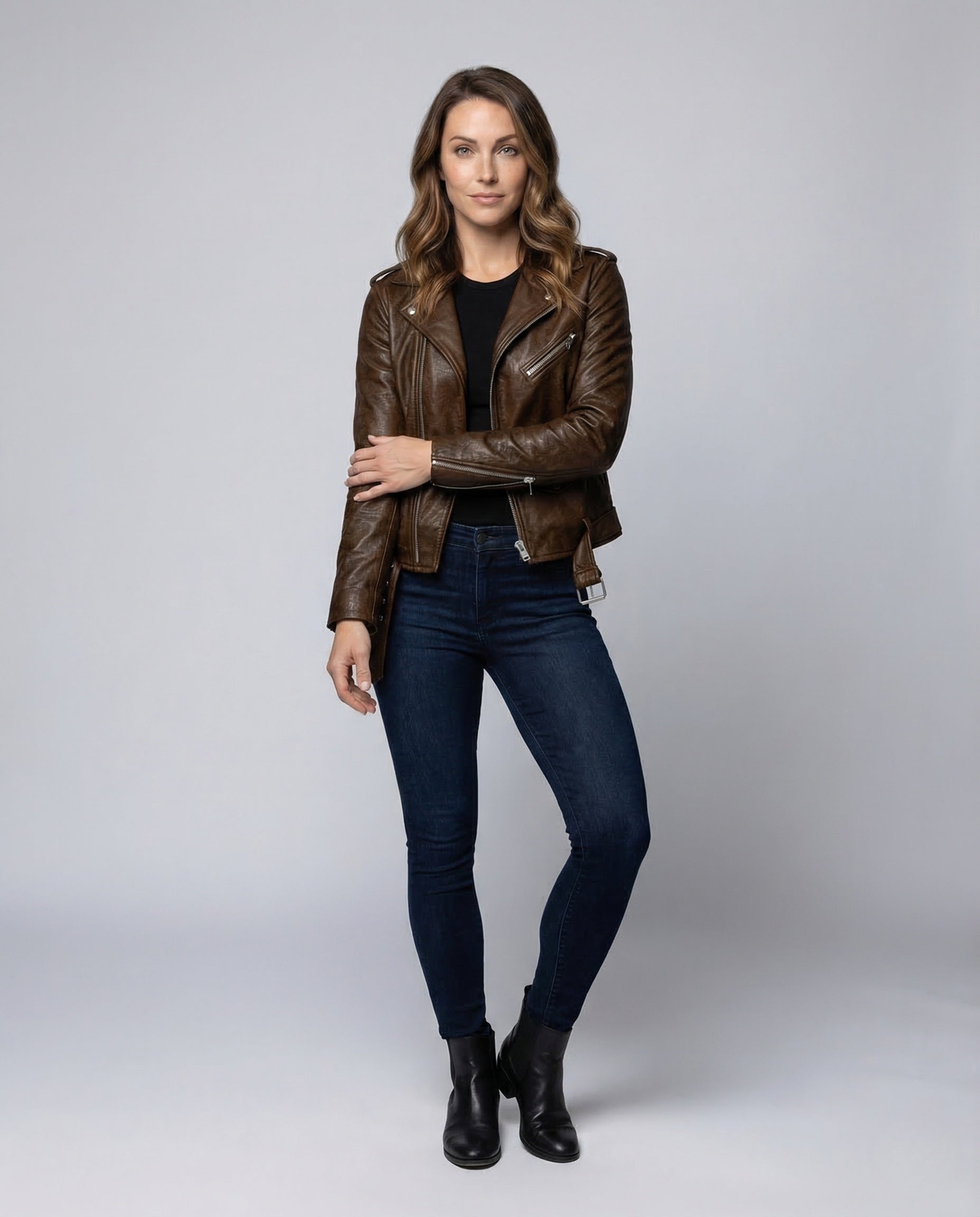 Damen Lederbikerjacke Tailliert Schwarz - Eveloria