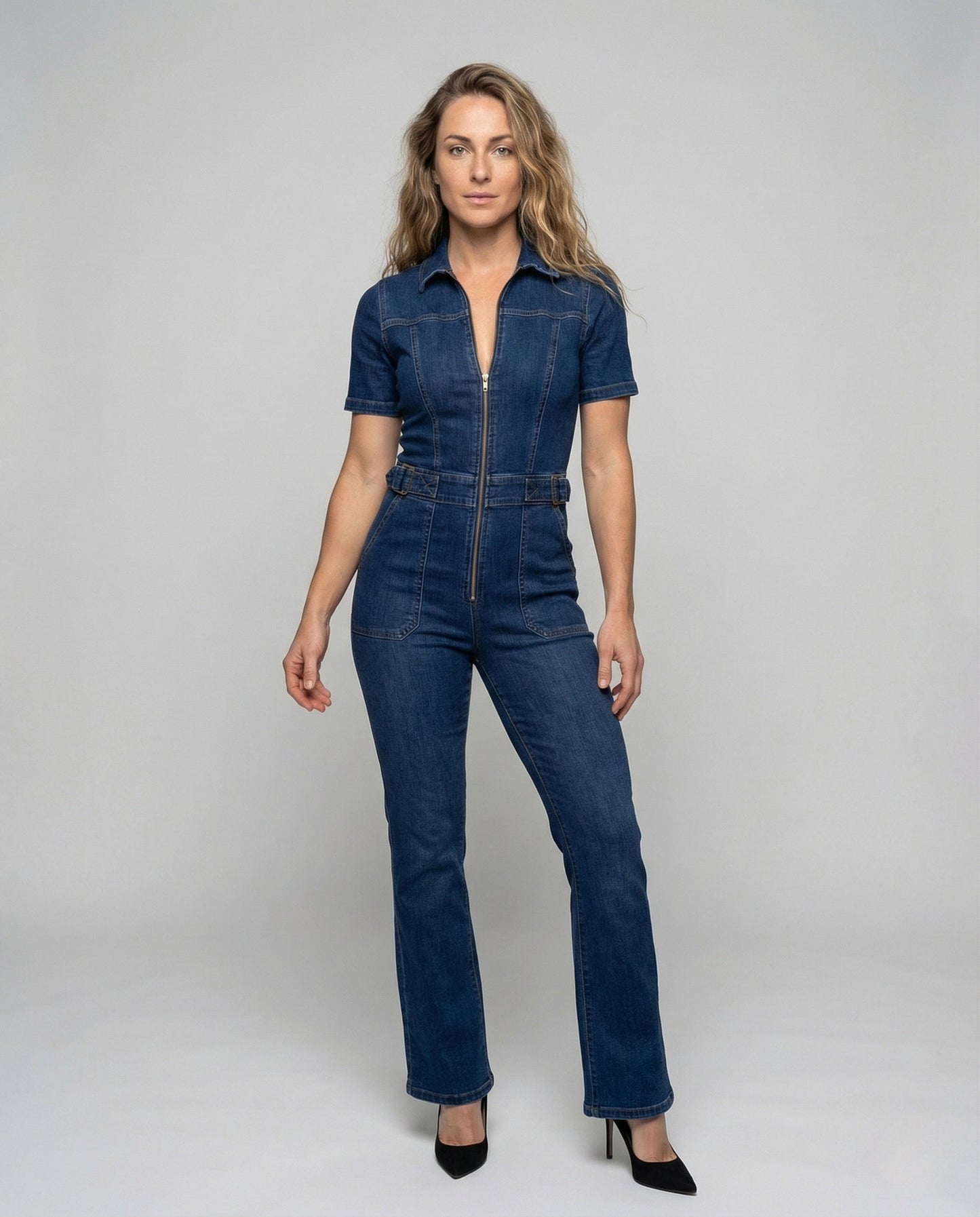 Damen Jumpsuit Taillierte Jeans V-Ausschnitt Schwarz - Eveloria