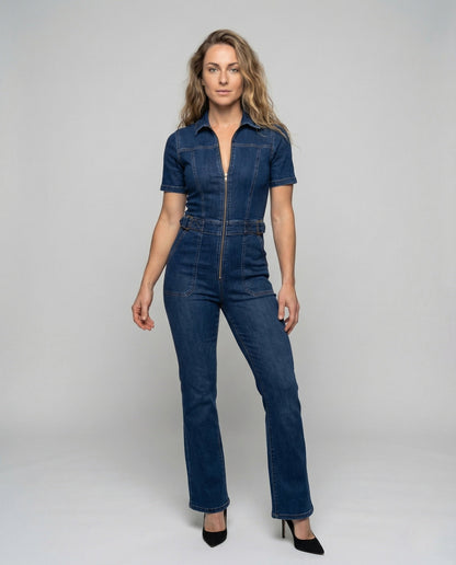 Damen Jumpsuit Taillierte Jeans V-Ausschnitt Schwarz - Eveloria