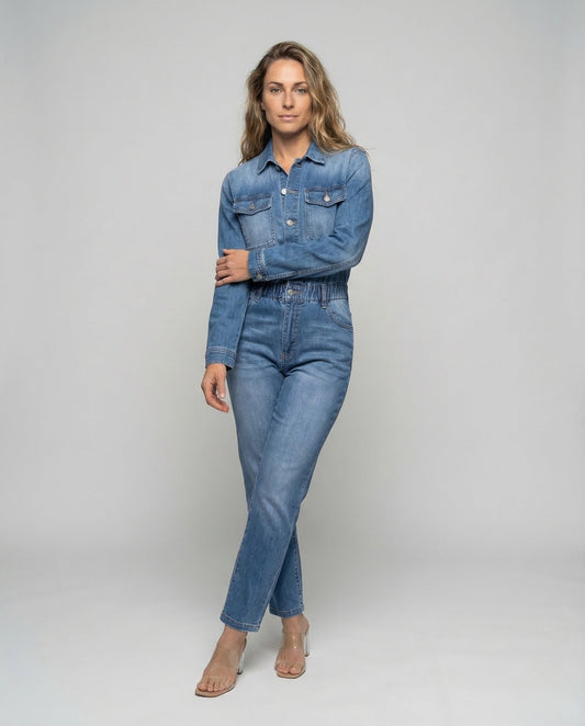 Damen Taillierte Jeans-Overalls Elastikbund - Eveloria