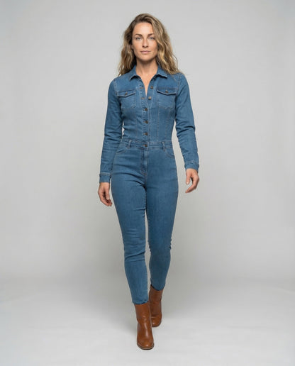 Damen Jeans-Overall Tailliert mit Knopfleiste - Eveloria