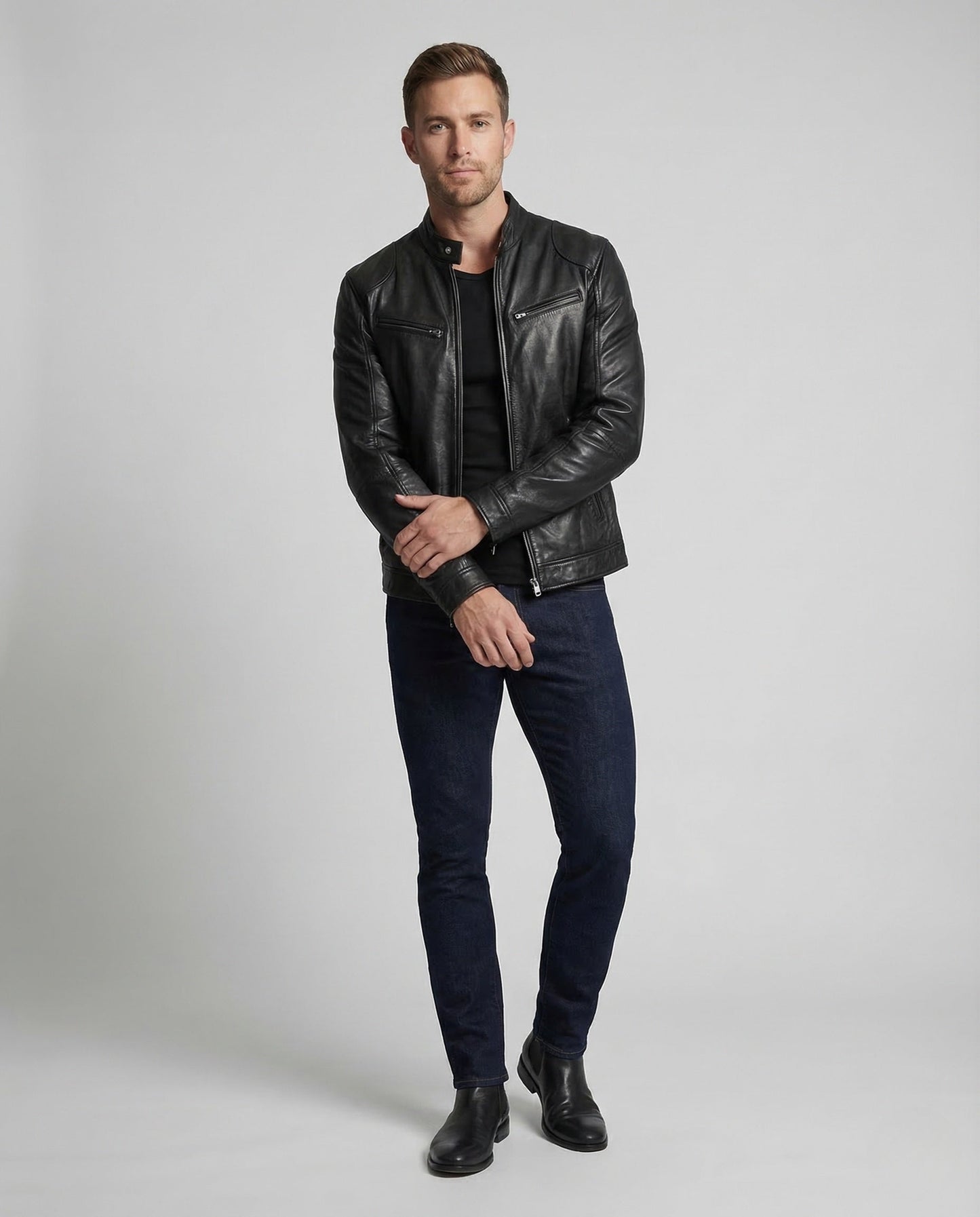 Herren Lederjacke Slim Fit Stehkragen Schwarz - Eveloria