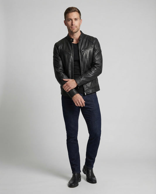 Herren Lederjacke Slim Fit Stehkragen Schwarz - Eveloria