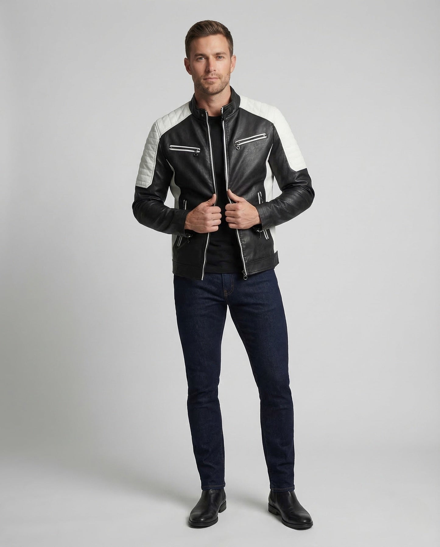 Herren Bikerjacke Kunstleder Steppschulter Schwarz - Eveloria