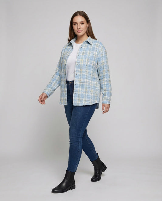 Damen Bouclé Overshirt Kariert Schwarzweiß - Eveloria