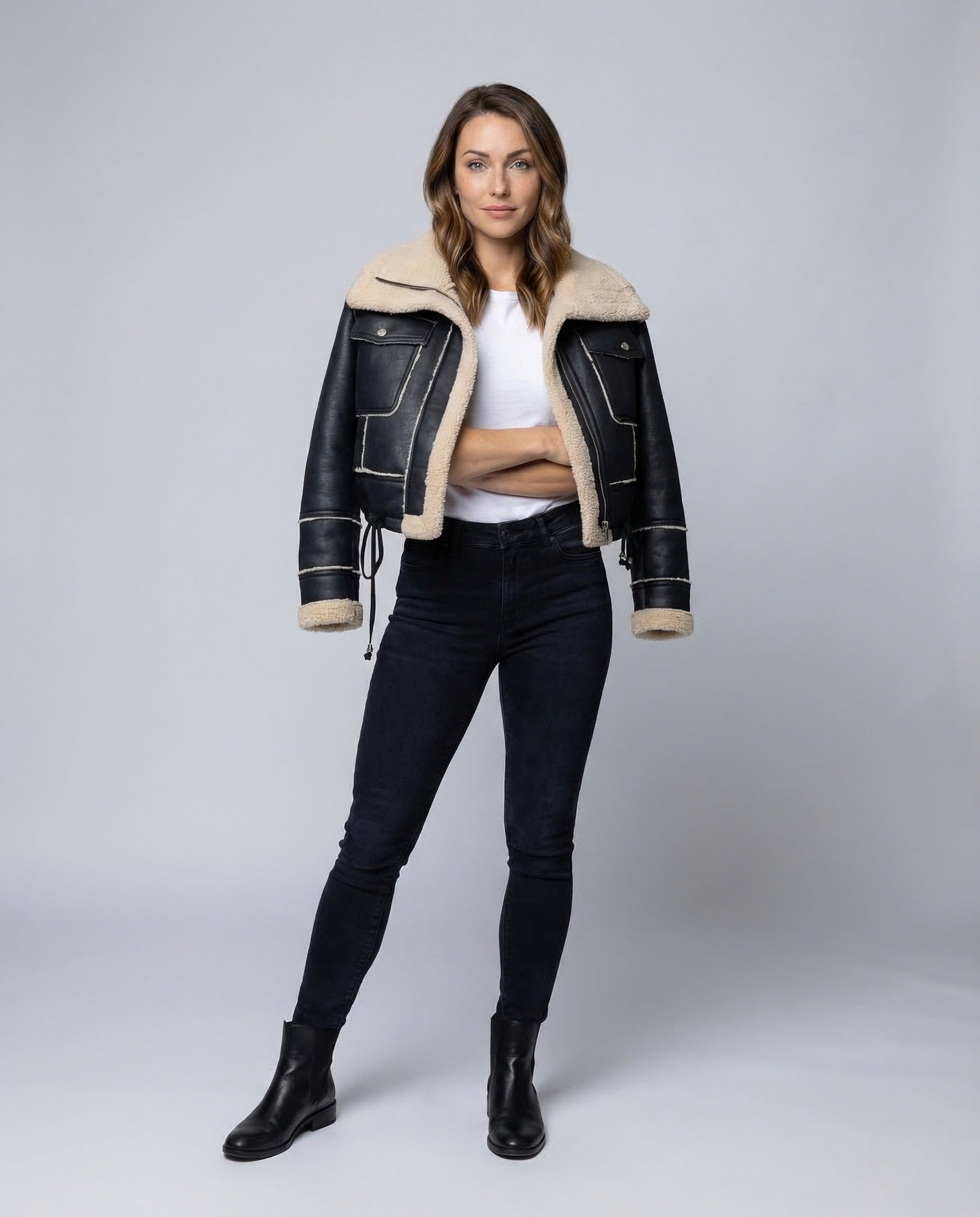 Damen Teddyjacke Kurzfliegerjacke Teddyfell Schwarz - Eveloria