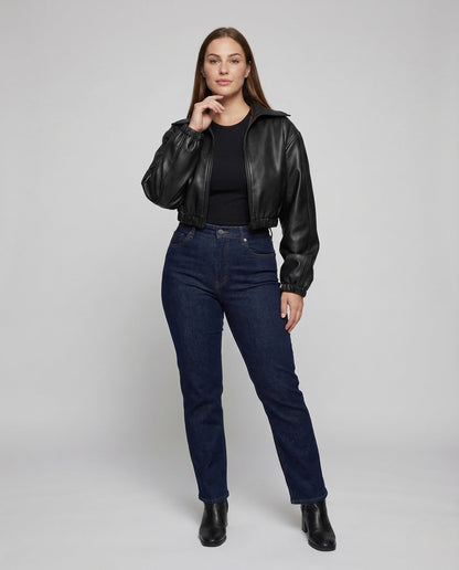 Damen Kurzkapuzenjacke Lederoptik Schwarz - Eveloria