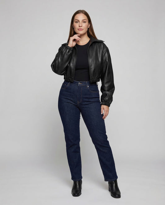 Damen Kurzkapuzenjacke Lederoptik Schwarz - Eveloria