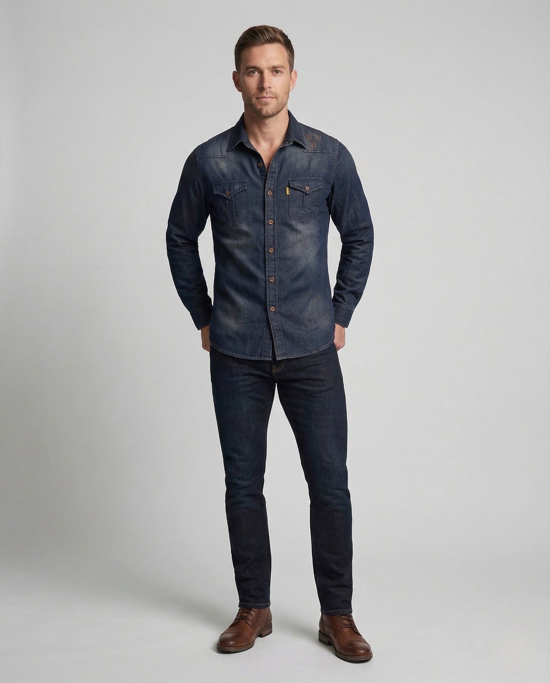 Herren Slim Jeanshemd mit Brusttaschen - Eveloria