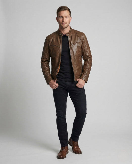 Herren Lederjacke Stehkragen Schwarz - Eveloria
