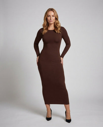 Damen Midikleid Figurbetont U-Rücken Langarm - Eveloria