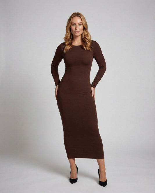 Damen Midikleid Figurbetont U-Rücken Langarm - Eveloria