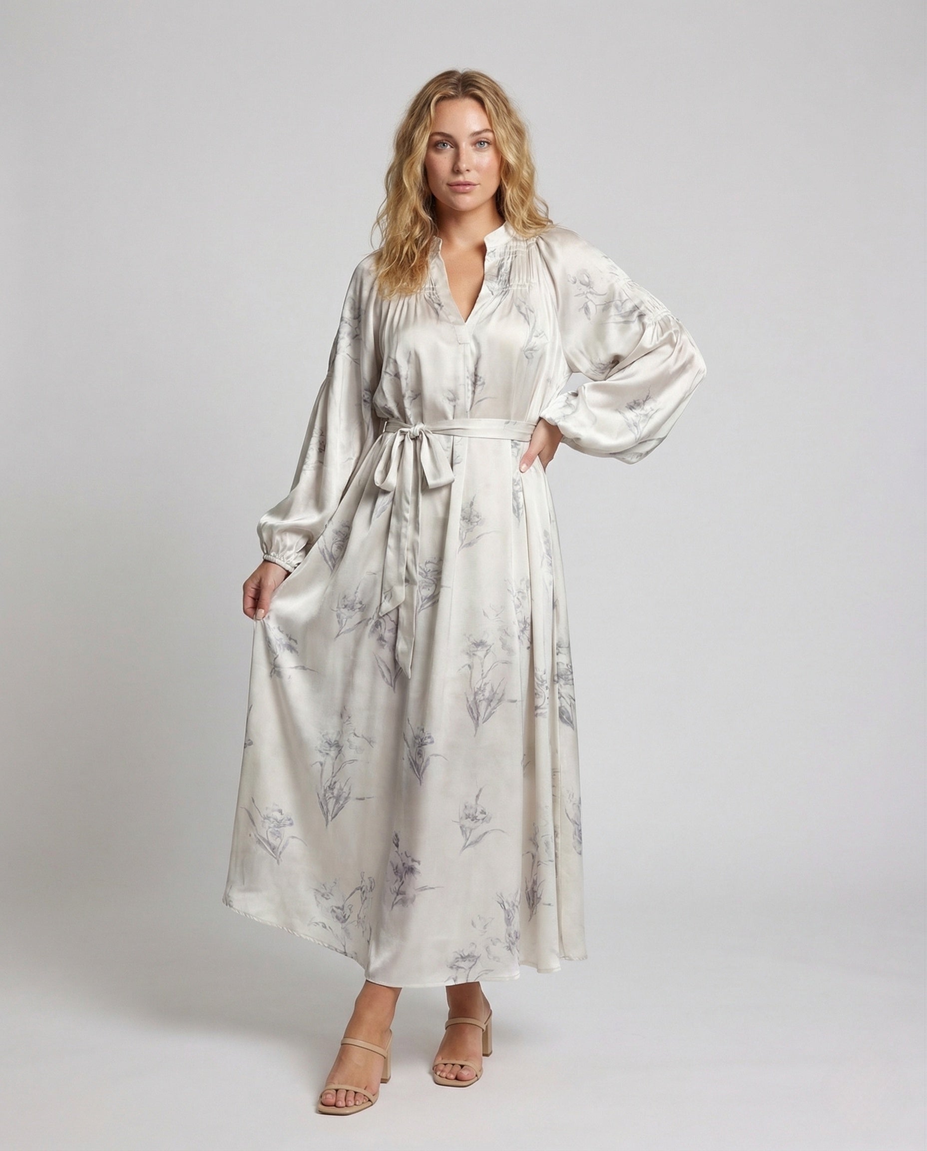 Damen Maxikleid Seidenoptik Ballonärmel - Eveloria