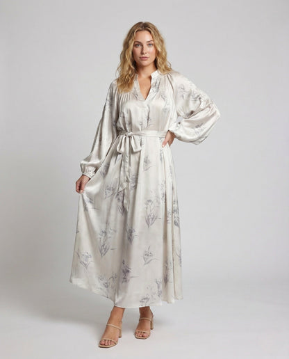 Damen Maxikleid Seidenoptik Ballonärmel - Eveloria