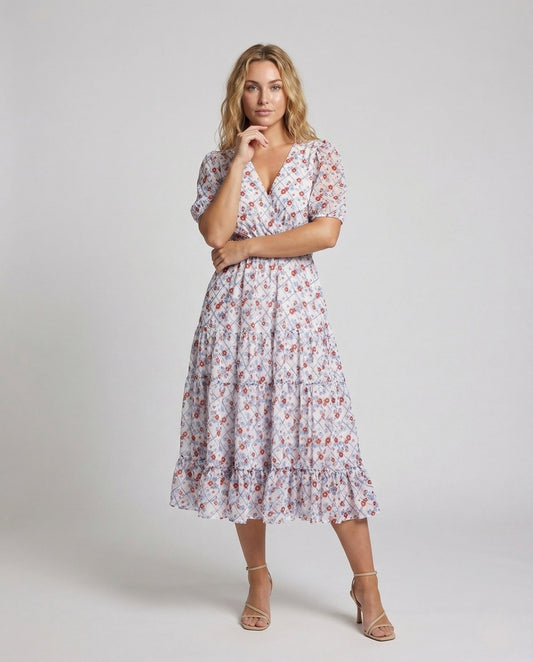 Damen Midikleid mit Puffärmeln Elastische Taille - Eveloria