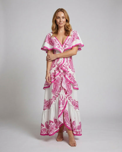 Damen Maxikleid V-Ausschnitt Volant - Eveloria